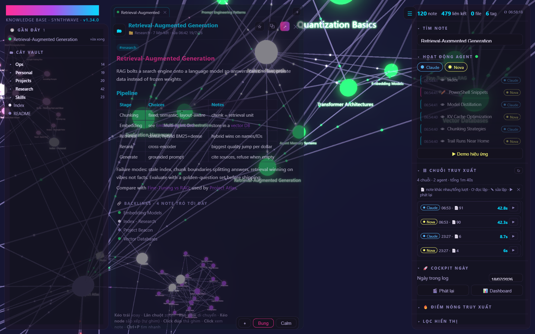 Full cockpit UI: markdown reader, folder tree, live agent feed and retrieval chains
